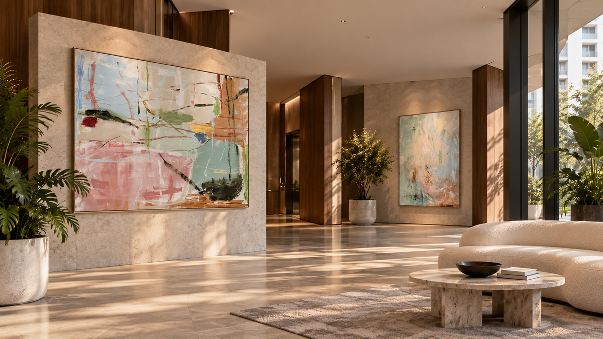 Alina Zorkina abstract artworks displayed in a contemporary WeAreLiving Zetland foyer concept